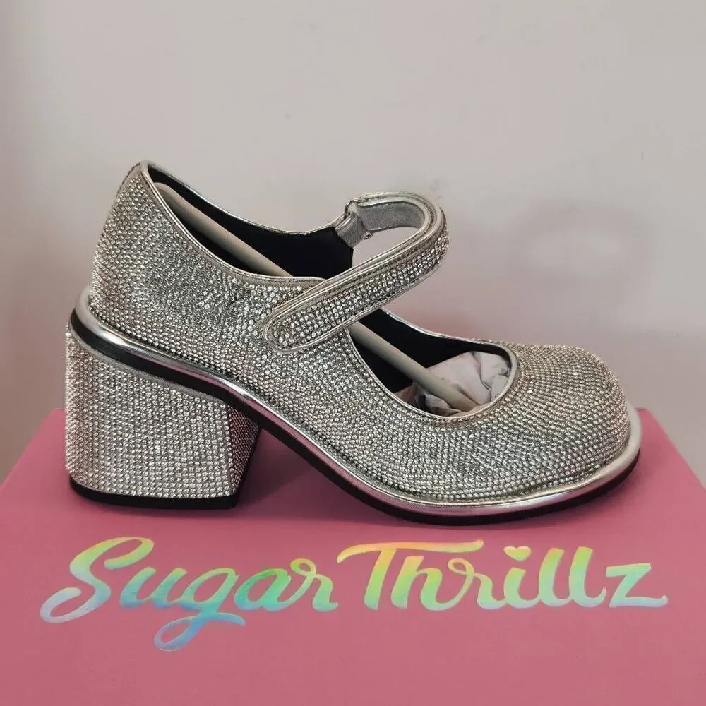 Dolls Kill Desire Me Rhinestone Mary Janes - Silver Women's Size 7 M